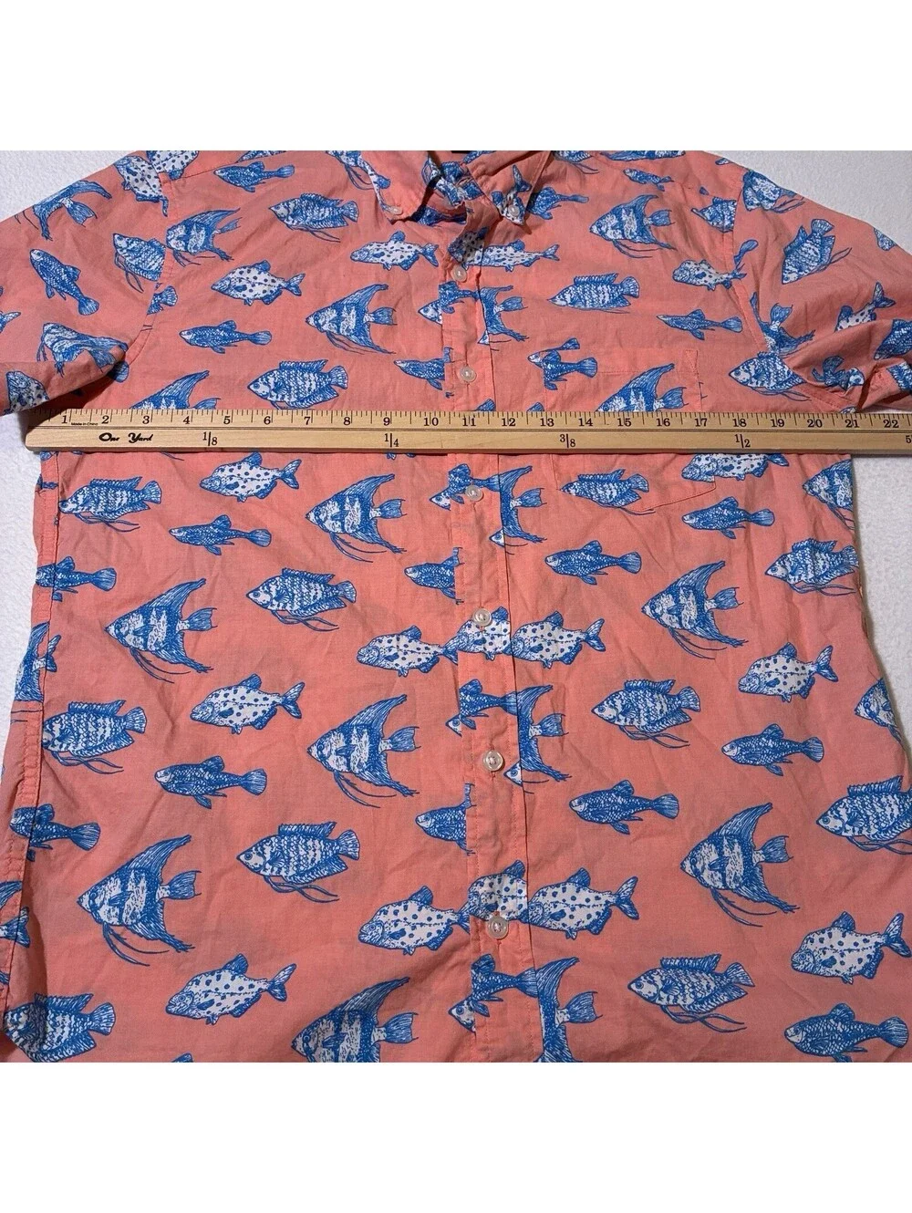 J.Crew Men M Medium Button Up Shirt Fish Pocket Hawaiian Summer Salmon Red Blue